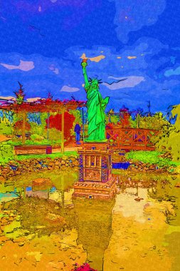 Manhattan, Mimarlık ve Turizm Konsepti 'nin aşağısında yer alan New York şehir manzaralı nehir kenarındaki Özgürlük Anıtı.