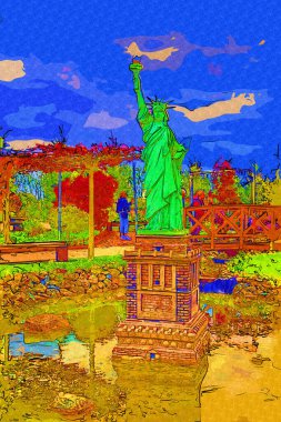 Manhattan, Mimarlık ve Turizm Konsepti 'nin aşağısında yer alan New York şehir manzaralı nehir kenarındaki Özgürlük Anıtı.