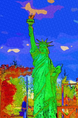 Manhattan, Mimarlık ve Turizm Konsepti 'nin aşağısında yer alan New York şehir manzaralı nehir kenarındaki Özgürlük Anıtı.