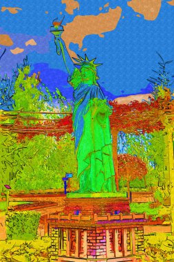 Manhattan, Mimarlık ve Turizm Konsepti 'nin aşağısında yer alan New York şehir manzaralı nehir kenarındaki Özgürlük Anıtı.