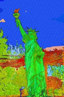 Manhattan, Mimarlık ve Turizm Konsepti 'nin aşağısında yer alan New York şehir manzaralı nehir kenarındaki Özgürlük Anıtı.