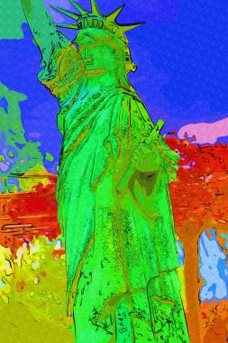 Manhattan, Mimarlık ve Turizm Konsepti 'nin aşağısında yer alan New York şehir manzaralı nehir kenarındaki Özgürlük Anıtı.