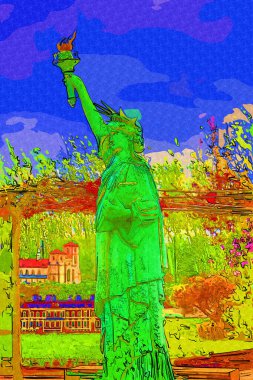 Manhattan, Mimarlık ve Turizm Konsepti 'nin aşağısında yer alan New York şehir manzaralı nehir kenarındaki Özgürlük Anıtı.