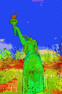 Manhattan, Mimarlık ve Turizm Konsepti 'nin aşağısında yer alan New York şehir manzaralı nehir kenarındaki Özgürlük Anıtı.