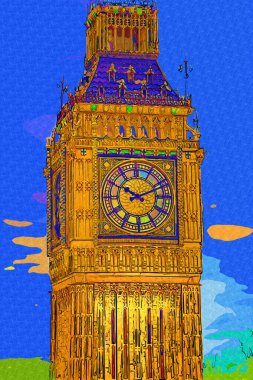 Londra 'nın büyük Ben sanat eseri çizimi, çizim, eğlenceli tasarım, antika retro