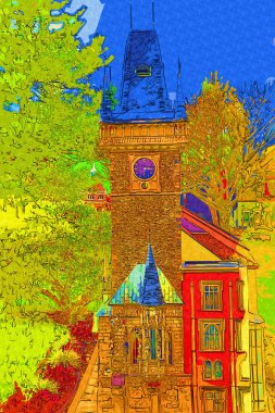 Prag 'daki eski şehir meydanı, Çek Cumhuriyeti, sanat illüstrasyonu antika eskiz