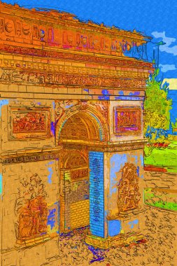 Arc de Triomphe du Carrousel, Atlıkarınca Meydanı 'nda bulunan bir zafer kemeridir. Paris 'in şehri. Paris 'in mimarisi ve simgeleri, sanat, çizim, retro, vintage, antika, skeç.