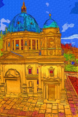 Berliner Dom, Berlin, Deutschland, Almanya, Avrupa, sanat illüstrasyonu antika eskiz