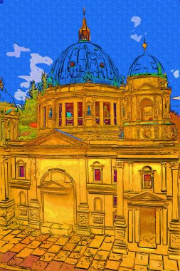 Berliner Dom, Berlin, Deutschland, Almanya, Avrupa, sanat illüstrasyonu antika eskiz
