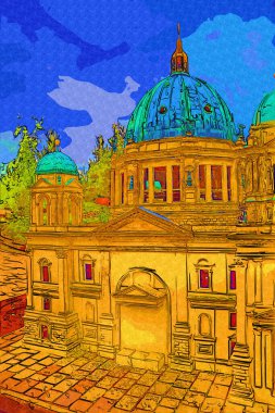 Berliner Dom, Berlin, Deutschland, Almanya, Avrupa, sanat illüstrasyonu antika eskiz