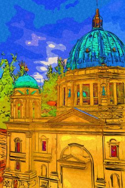 Berliner Dom, Berlin, Deutschland, Almanya, Avrupa, sanat illüstrasyonu antika eskiz
