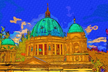 Berliner Dom, Berlin, Deutschland, Almanya, Avrupa, sanat illüstrasyonu antika eskiz