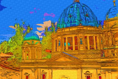 Berliner Dom, Berlin, Deutschland, Almanya, Avrupa, sanat illüstrasyonu antika eskiz