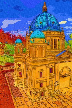 Berliner Dom, Berlin, Deutschland, Almanya, Avrupa, sanat illüstrasyonu antika eskiz