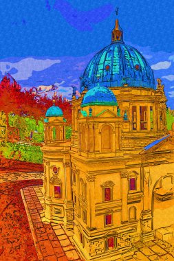 Berliner Dom, Berlin, Deutschland, Almanya, Avrupa, sanat illüstrasyonu antika eskiz