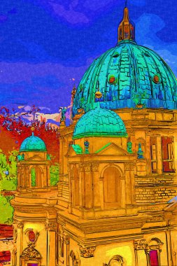 Berliner Dom, Berlin, Deutschland, Almanya, Avrupa, sanat illüstrasyonu antika eskiz