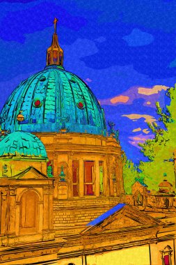 Berliner Dom, Berlin, Deutschland, Almanya, Avrupa, sanat illüstrasyonu antika eskiz