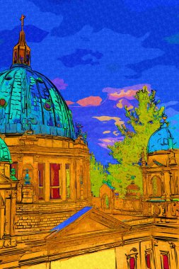 Berliner Dom, Berlin, Deutschland, Almanya, Avrupa, sanat illüstrasyonu antika eskiz