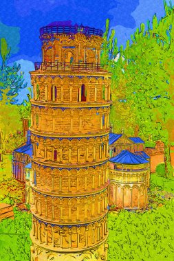 Pisa sanat fotoğrafçılığı, hava manzarası, İtalya, kule, illüstrasyon, antika eskiz