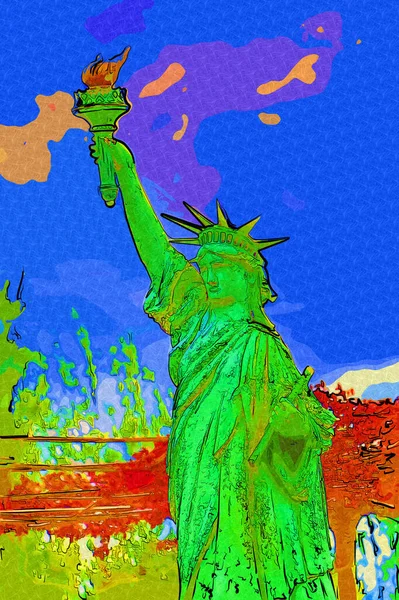 Szabadság Szobor Jelenet New York Városkép Folyó Oldalán Amely Hely — Stock Fotó