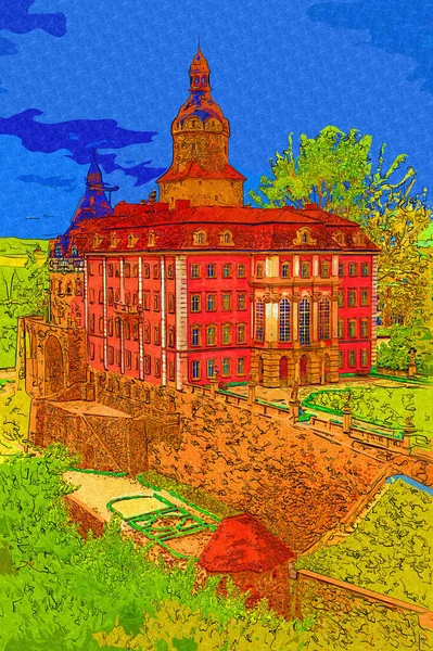 Ksiaz Schloss Polen Schlesien Kunst Retro Fotografie Alten Luftbild Ansicht — Stockfoto