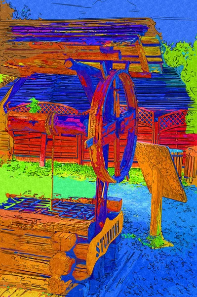 木製のバケツと木製の屋根 古い時代 アートイラストレトロヴィンテージアンティークスケッチをぶら下げ古代の芸術家 — ストック写真