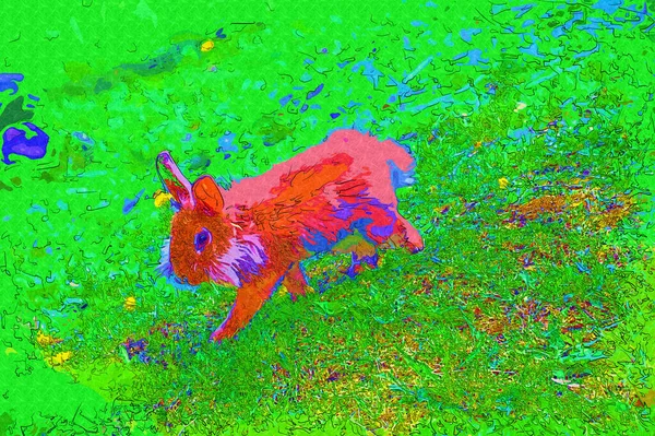 緑のフィールド春の牧草地に座ってかわいいウサギ イースターウサギ狩り — ストック写真