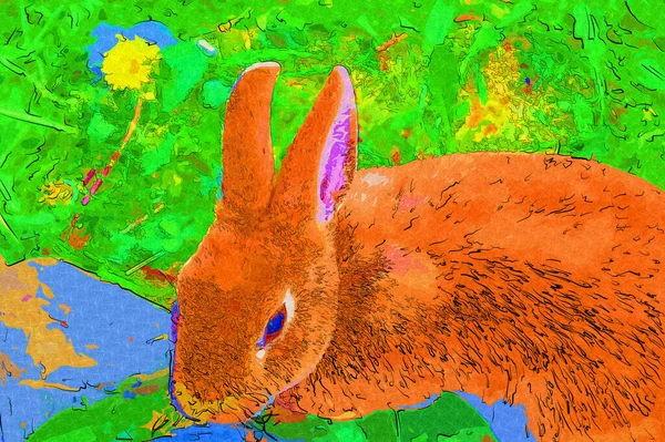 緑のフィールド春の牧草地に座ってかわいいウサギ イースターウサギ狩り — ストック写真