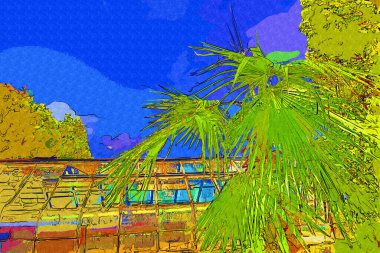 Çinli hayran palmiye yaprağı, sanat, illüstrasyon, retro, çizim, eskiz, klasik, retro, antika,