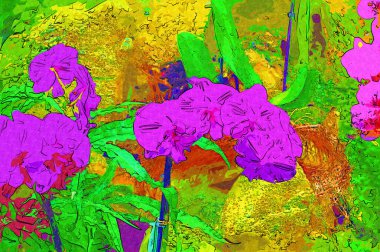 Orkide, orkide çiçeği, yeşil yapraklar, illüstrasyon, çizim, eskiz, antika, retro, vintage