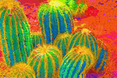 Bahar zamanı kaktüs bahçesi çölü, illüstrasyon, çizim, eskiz, antika, antika, antika, antika