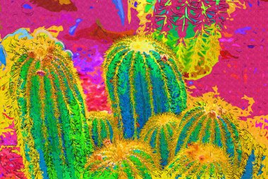 Bahar zamanı kaktüs bahçesi çölü, illüstrasyon, çizim, eskiz, antika, antika, antika, antika