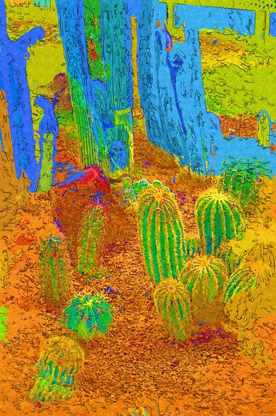 Cactus Garden Desert Springtime Illustration Drawing Sketch Antique Retro Vintage — Stock Photo, Image