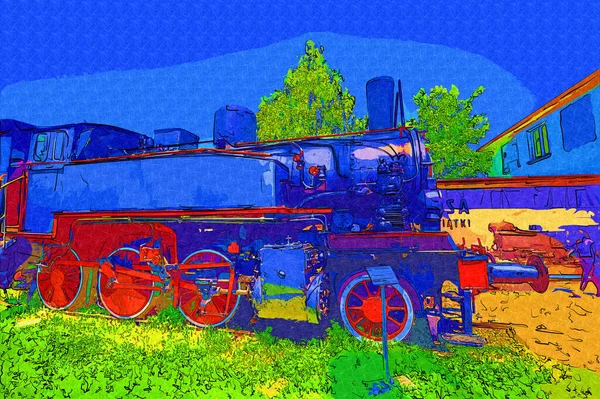 01砂漠を走る蒸気機関車 アート イラスト ドローイング スケッチ アンティーク レトロ ヴィンテージ — ストック写真
