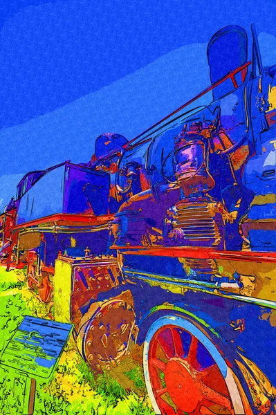 01Locomotiva Vapor Atravessa Deserto Arte Ilustração Puxando Esboço Antiguidade Retro — Fotografia de Stock