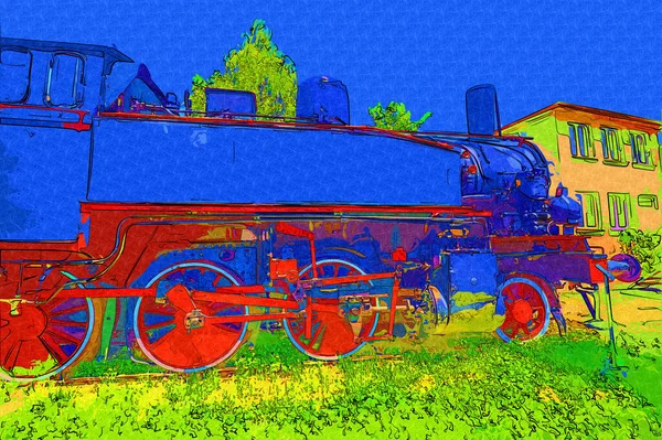 01Locomotiva Vapor Atravessa Deserto Arte Ilustração Puxando Esboço Antiguidade Retro — Fotografia de Stock