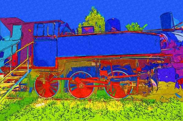 01Locomotiva Vapor Atravessa Deserto Arte Ilustração Puxando Esboço Antiguidade Retro — Fotografia de Stock