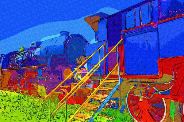 01Locomotiva Vapor Atravessa Deserto Arte Ilustração Puxando Esboço Antiguidade Retro — Fotografia de Stock