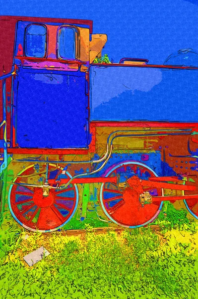 01Parní Lokomotiva Projíždí Pouští Uměním Ilustrací Kresbou Náčrtkem Starožitností Retro — Stock fotografie