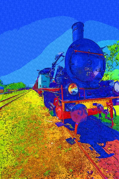 01Locomotiva Vapor Atravessa Deserto Arte Ilustração Puxando Esboço Antiguidade Retro — Fotografia de Stock