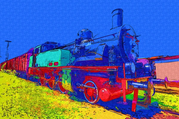 蒸汽机车驶过沙漠 通过艺术 — 图库照片