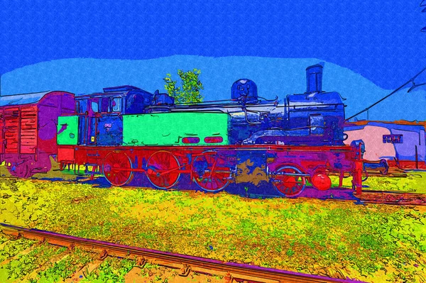 01Locomotiva Vapor Atravessa Deserto Arte Ilustração Puxando Esboço Antiguidade Retro — Fotografia de Stock