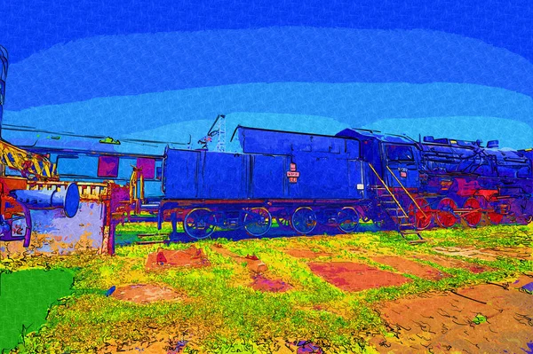 01Locomotiva Vapor Atravessa Deserto Arte Ilustração Puxando Esboço Antiguidade Retro — Fotografia de Stock