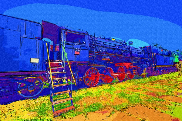 01Steam Locomotive Drives Desert Art Illustration Drawing Sketch Antique Retro — Stock Photo, Image