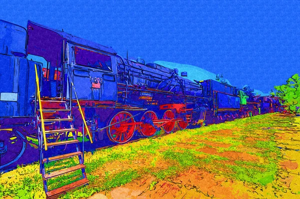 01Locomotiva Vapor Atravessa Deserto Arte Ilustração Puxando Esboço Antiguidade Retro — Fotografia de Stock