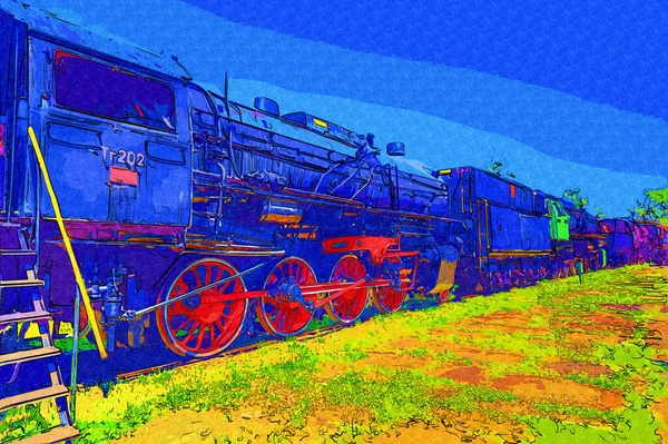 01Locomotiva Vapor Atravessa Deserto Arte Ilustração Puxando Esboço Antiguidade Retro — Fotografia de Stock