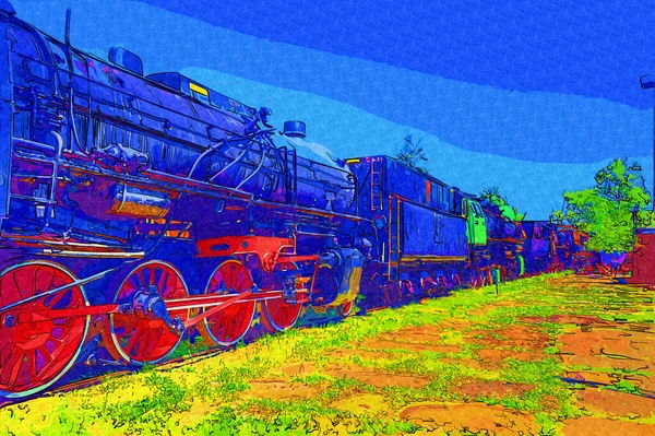 01Parní Lokomotiva Projíždí Pouští Uměním Ilustrací Kresbou Náčrtkem Starožitností Retro — Stock fotografie