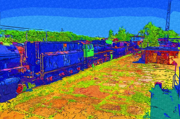 01Dampflokomotive Fährt Durch Die Wüste Kunst Illustration Zeichnung Skizze Antik — Stockfoto