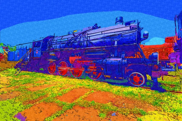 01Steam Locomotive Drives Desert Art Illustration Drawing Sketch Antique Retro — Stock Photo, Image