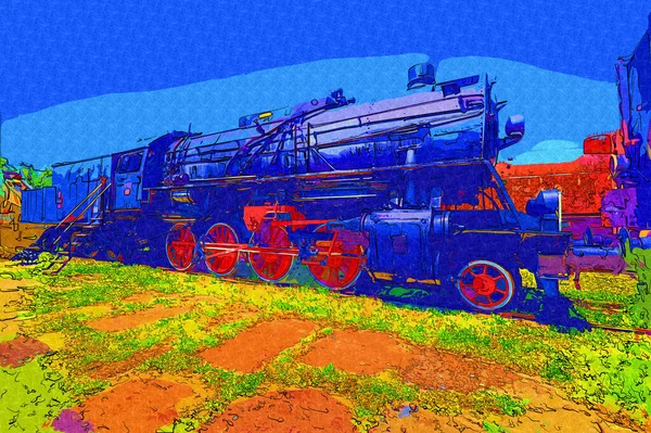 01Locomotiva Vapor Atravessa Deserto Arte Ilustração Puxando Esboço Antiguidade Retro — Fotografia de Stock